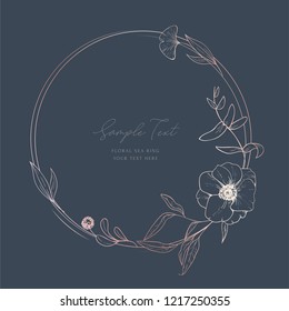 Wedding invitation template; sketched floral branches, anemones, algae, gold and pink geometric ring, on navy background. Nautical art. Marine wedding style. Flourishes ring & wreath.