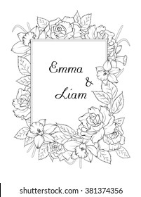 Wedding invitation template. Spring flowers frame design element. Rose and narcissus flowers. Black and white vector illustration.