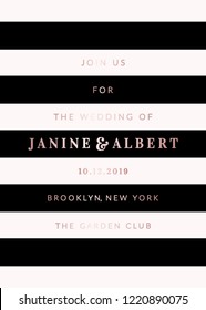 Wedding invitation template with stripes in black and white and rose gold sample text layout.