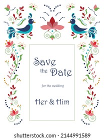 Wedding invitation template. Stylized birds and flowers in folklore style. Vector illustration. For congratulations, postcards, prints, holiday events.