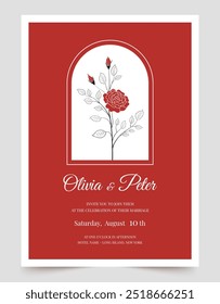 Wedding invitation template with stylized rose on red background. Minimalistic design in linear style. Vector illustration.