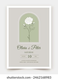 Wedding invitation template with stylized white rose on olive background. Wedding Invitation. Minimalistic design in linear style. Vector illustration.