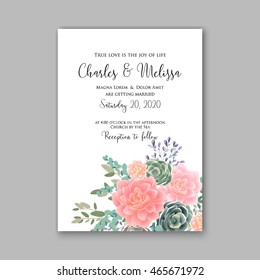 Wedding invitation template with succulents and rose bouquet with eucaliptus leaf