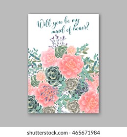 Wedding invitation template with succulents and rose bouquet with eucaliptus leaf