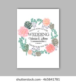 Wedding invitation template with succulents and rose bouquet with eucaliptus leaf