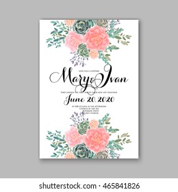 Wedding invitation template with succulents and rose bouquet with eucaliptus leaf