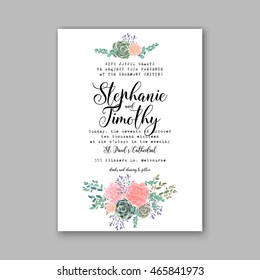 Wedding invitation template with succulents and rose bouquet with eucaliptus leaf