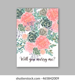 Wedding invitation template with succulents and rose bouquet with eucaliptus leaf