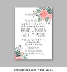 Wedding invitation template with succulents and rose bouquet with eucaliptus leaf