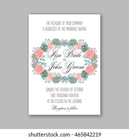 Wedding invitation template with succulents and rose bouquet with eucaliptus leaf