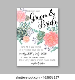 Wedding invitation template with succulents and rose bouquet with eucaliptus leaf