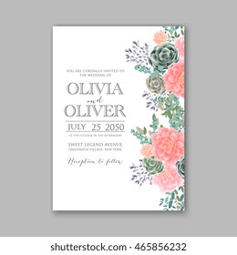 Wedding invitation template with succulents and rose bouquet with eucaliptus leaf