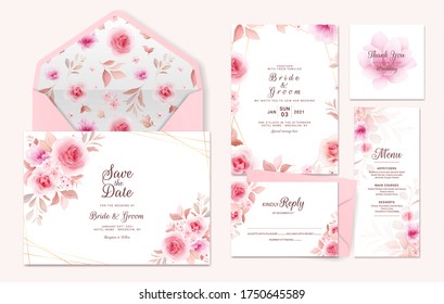 Conjunto de plantillas de invitación de boda con borde floral, patrón. Composición de flores de rosas y sakura para guardar la fecha, saludo, gracias, rsvp, menú, tarjeta de sobre