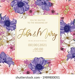 Wedding invitation template, summer wildflowers, romantic womens floral card, editable vector, love concept, beauty, packaging.