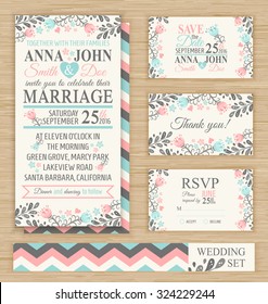 Wedding invitation template, thank you card, save the date, RSVP card. Wedding set. 