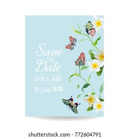 Plantilla de Invitación de Boda Diseño Tropical con Mariposas y Flores Exóticas. Guardar la tarjeta floral de fecha. Ilustración del vector