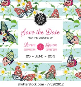 Wedding Invitation Template Tropical Design with Exotic Butterflies and Flowers. Save the Date Floral Card. Vector illustration