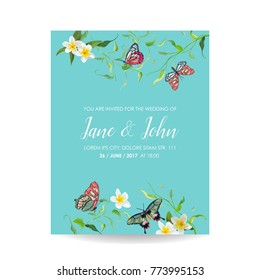 Wedding Invitation Template Tropical Design with Exotic Butterflies and Flowers. Save the Date Floral Card. Vector illustration