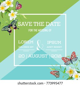 Wedding Invitation Template Tropical Design with Exotic Butterflies and Flowers. Save the Date Floral Card. Vector illustration