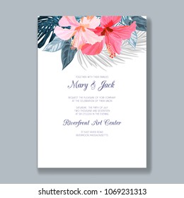Wedding invitation template with tropical flowers and leaves, thank you card, save the date cards. Gentle background for invitations or greeting cards.