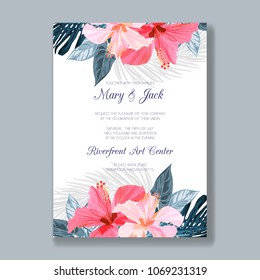 Wedding invitation template with tropical flowers and leaves, thank you card, save the date cards. Gentle background for invitations or greeting cards.