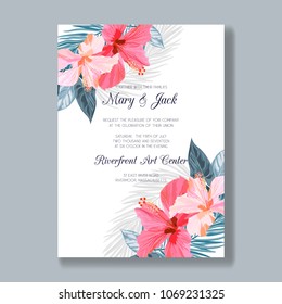 Wedding invitation template with tropical flowers and leaves, thank you card, save the date cards. Gentle background for invitations or greeting cards.