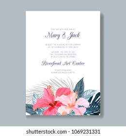 Wedding invitation template with tropical flowers and leaves, thank you card, save the date cards. Gentle background for invitations or greeting cards.