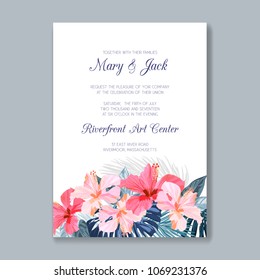 Wedding invitation template with tropical flowers and leaves, thank you card, save the date cards. Gentle background for invitations or greeting cards.