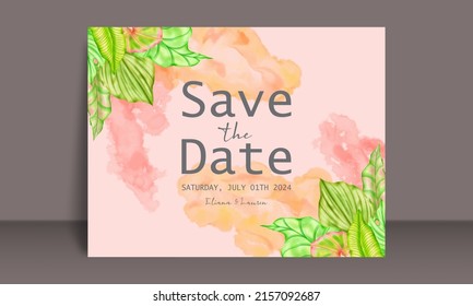 Wedding invitation template with tropical leaf frame	