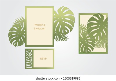 Wedding invitation template tropical leaves gate fold paper cut files. Laser cut vector files. Envelope for invitation and RSVP.
