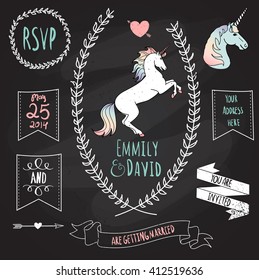 Wedding Invitation Template with the unicorn. Chalkboard style vector card