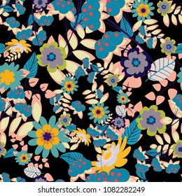 Wedding invitation template. Vector abstract flowers. Floral card. Greeting card. Floral wall art painting for home. Yellow, pink and blue spring flowers. Floral seamless pattern.