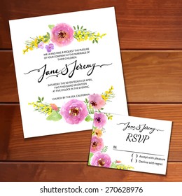 Wedding invitation template. Vector watercolor flower wedding card in bohemian style.