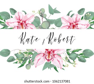 Wedding invitation template with watercolor blooming orchid, fern, eucalyptus and greenery bouquet. Pink flowers for invite cards design, save the date, greeting. Vector isolated and editable. 