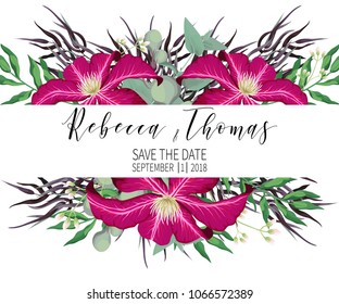 Wedding invitation template with watercolor blooming violet clematis, agonis, eucalyptus and greenery bouquet. Frame flowers for invite cards design, save the date, greeting. Vector isolated 