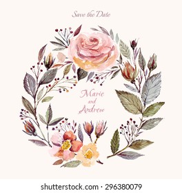 Wedding invitation template with watercolor floral wreath. Beautiful roses and leaves