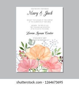 Wedding invitation template with watercolor flowers, thank you card, save the date cards, baby shower, menu, flyer, banner template.Watercolor gentle background for invitations or greeting cards.