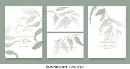 Wedding invitation template, with watercolor green leaves, brunches, and handmade calligraphy