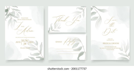 Wedding invitation template, with watercolor green leaves, brunches, and handmade calligraphy