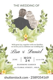 Wedding invitation template, with watercolor green flower vector illustration on white background. Wedding card design.