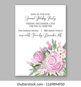 Wedding invitation template Watercolor red pink rose vector floral background for bridal shower baby shower anniversary birthday card fir berry