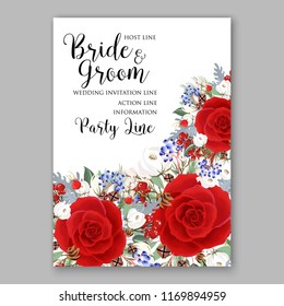 Wedding invitation template Watercolor red rose vector floral background for bridal shower baby shower anniversary birthday card fir berry marsala burgundy