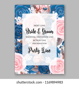 Wedding invitation template Watercolor red navy blue pink rose vector floral background for bridal shower baby shower anniversary birthday card fir berry