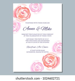 Wedding invitation template with watercolor roses, thank you card, save the date cards, baby shower, menu, flyer, banner template.Watercolor gentle background for invitations or greeting cards.