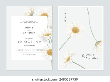 Wedding invitation template, white daisy flowers on grey background