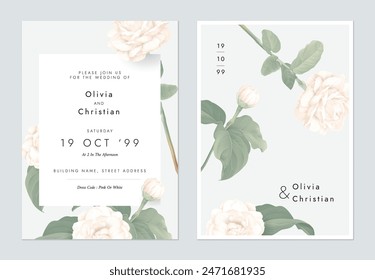 Wedding invitation template, white Jasminum sambac flowers on grey background