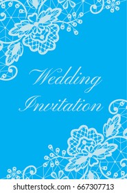 Wedding invitation template with white lace border on blue background