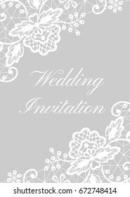 Wedding invitation template with white lace border on gray background