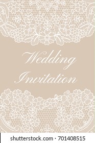 Wedding invitation template with white lace border on beige background