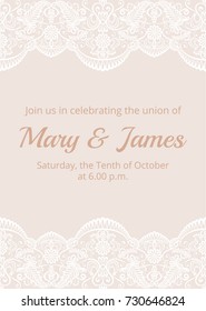 Wedding invitation template with white lace border on beige background